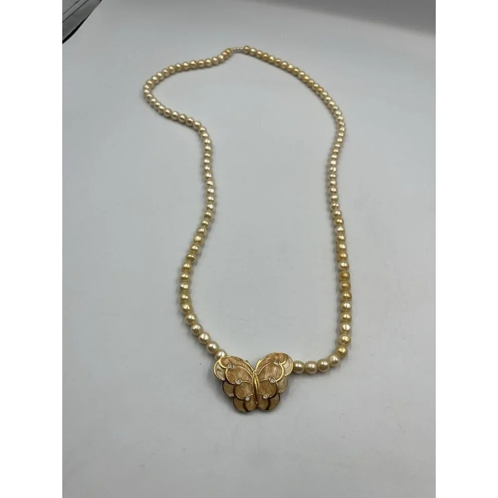 VINTAGE Kenneth Jay Lane KJL for Avon Pearl Enamel Crystal Butterfly Necklace - Picture 8 of 16